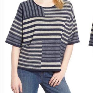 Eileen Fisher Organic Linen Navy Blue Striped Top